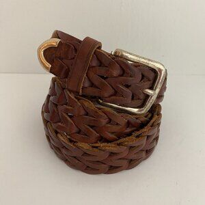 Fossil Brown Leather Woven Belt Womens 36" Silver Hardware